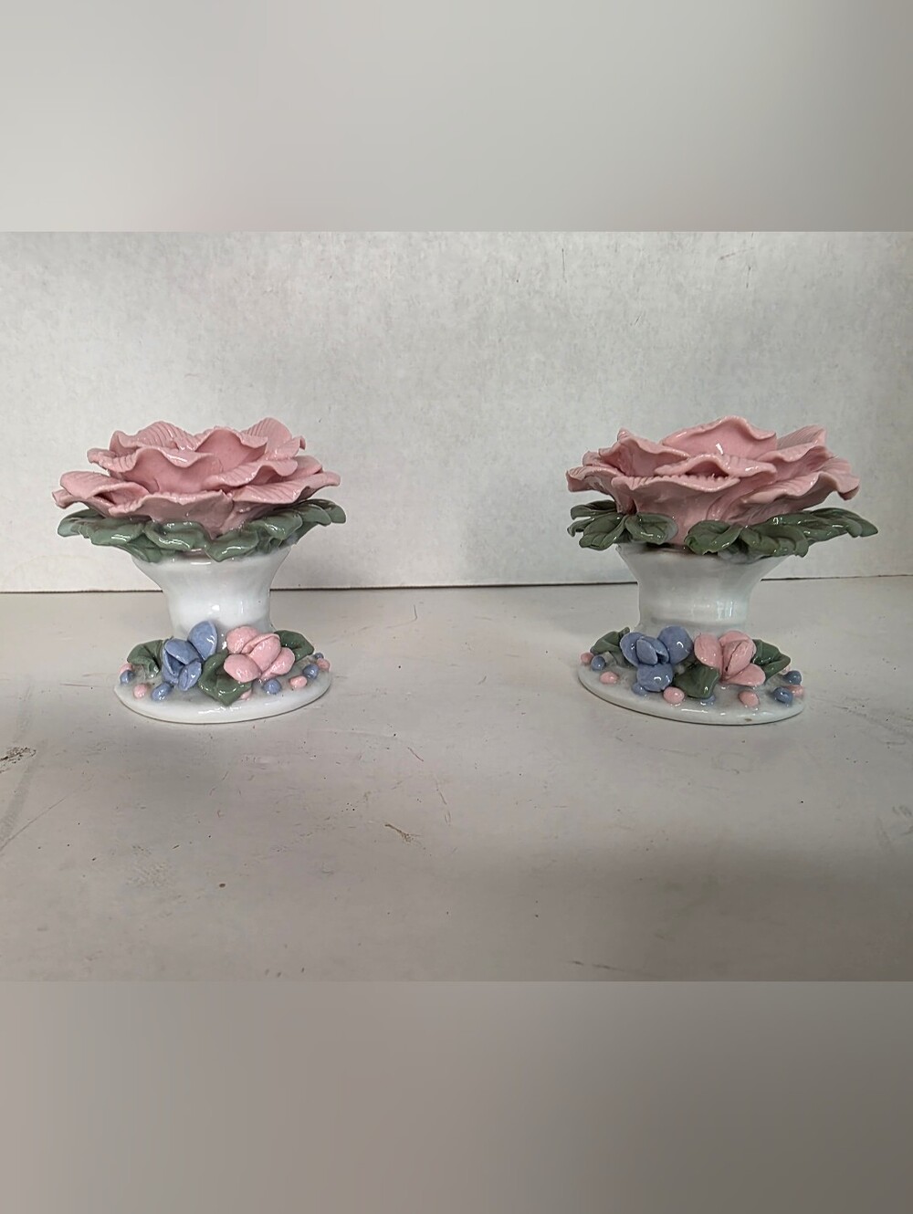 Porcelain Pink Rose Candle Holders with Pastel Floral Accents